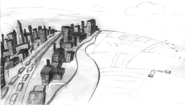 black and white city sketch