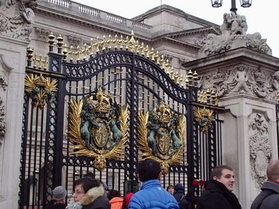 The ornate gates in front of Buckingham Palace