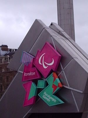 Sign for the Paralympic Games, which is taking place around the same time as the Olympics and has the same logo, only colored. Someone online said it looks like Lisa Simpson giving a hummer and now I can't unsee it.