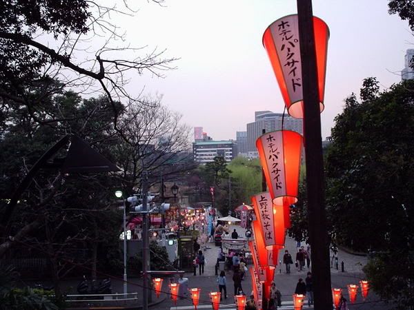 Lanterns leading down the sidewalk at Ueno Park.