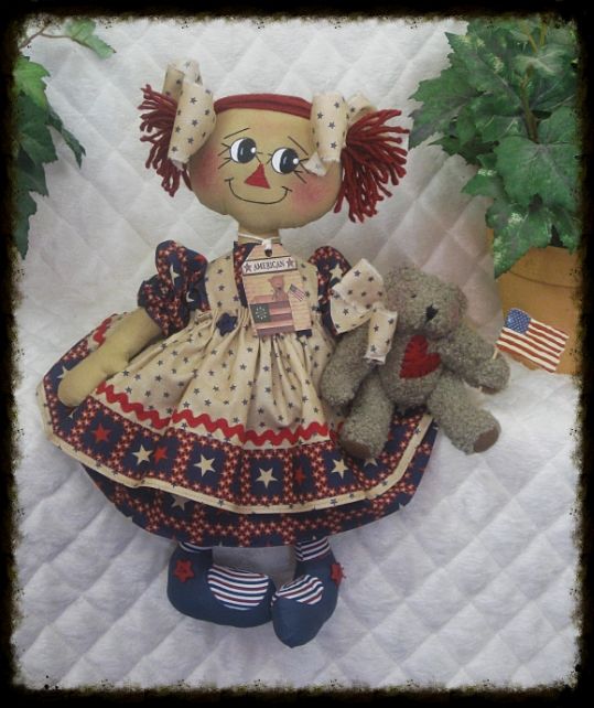Primitive Raggedy Ann Americana Doll w Teddy Bear Ornie Ginger Creek Crossing